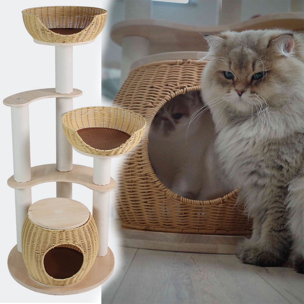 Rattan Cat Bed Cat Tree Tower for Indoor Cats