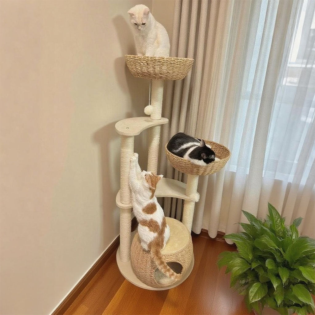 Rattan Cat Bed Cat Tree Tower for Indoor Cats