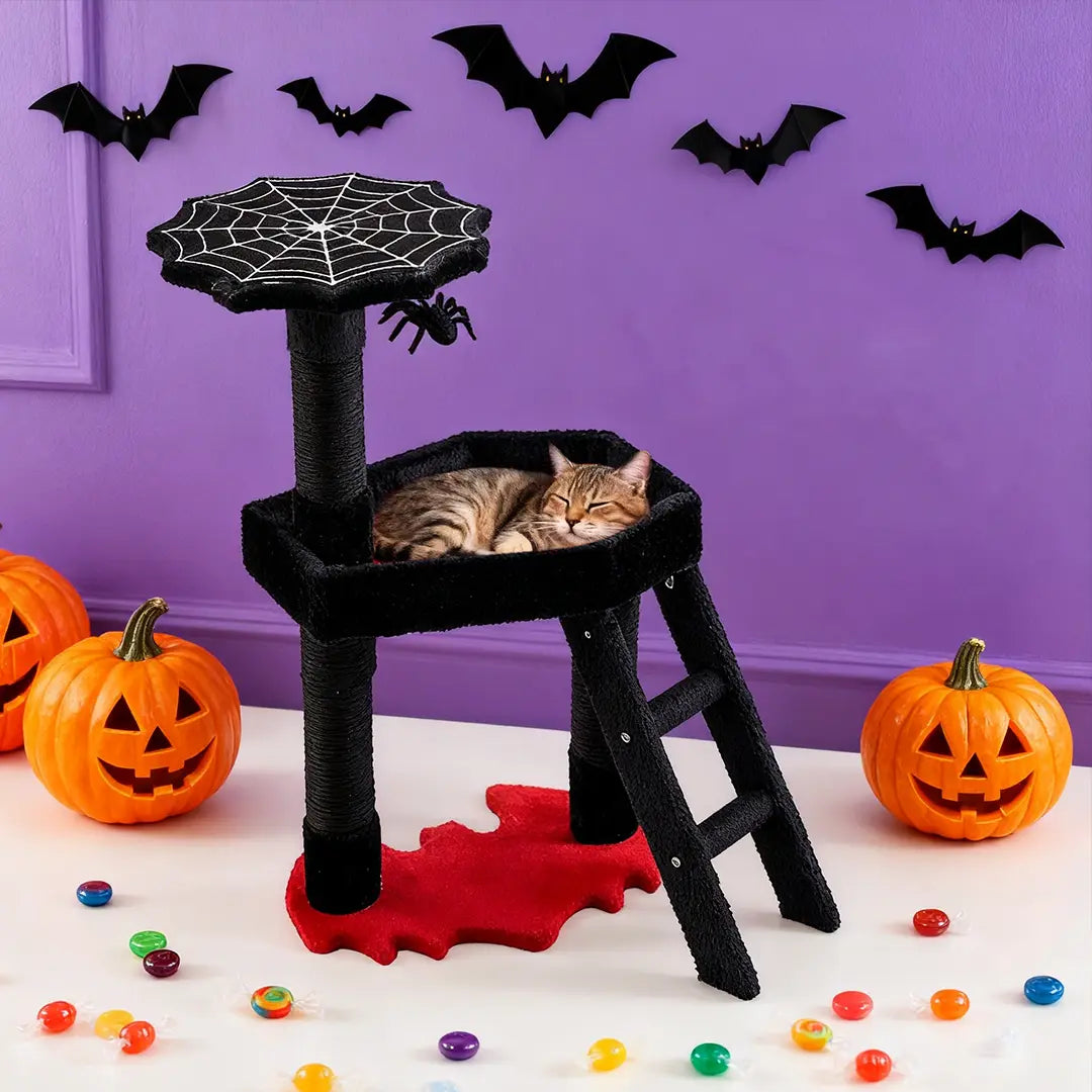 Gothic Halloween Cat Tree with Bat & Spider Web Platforms