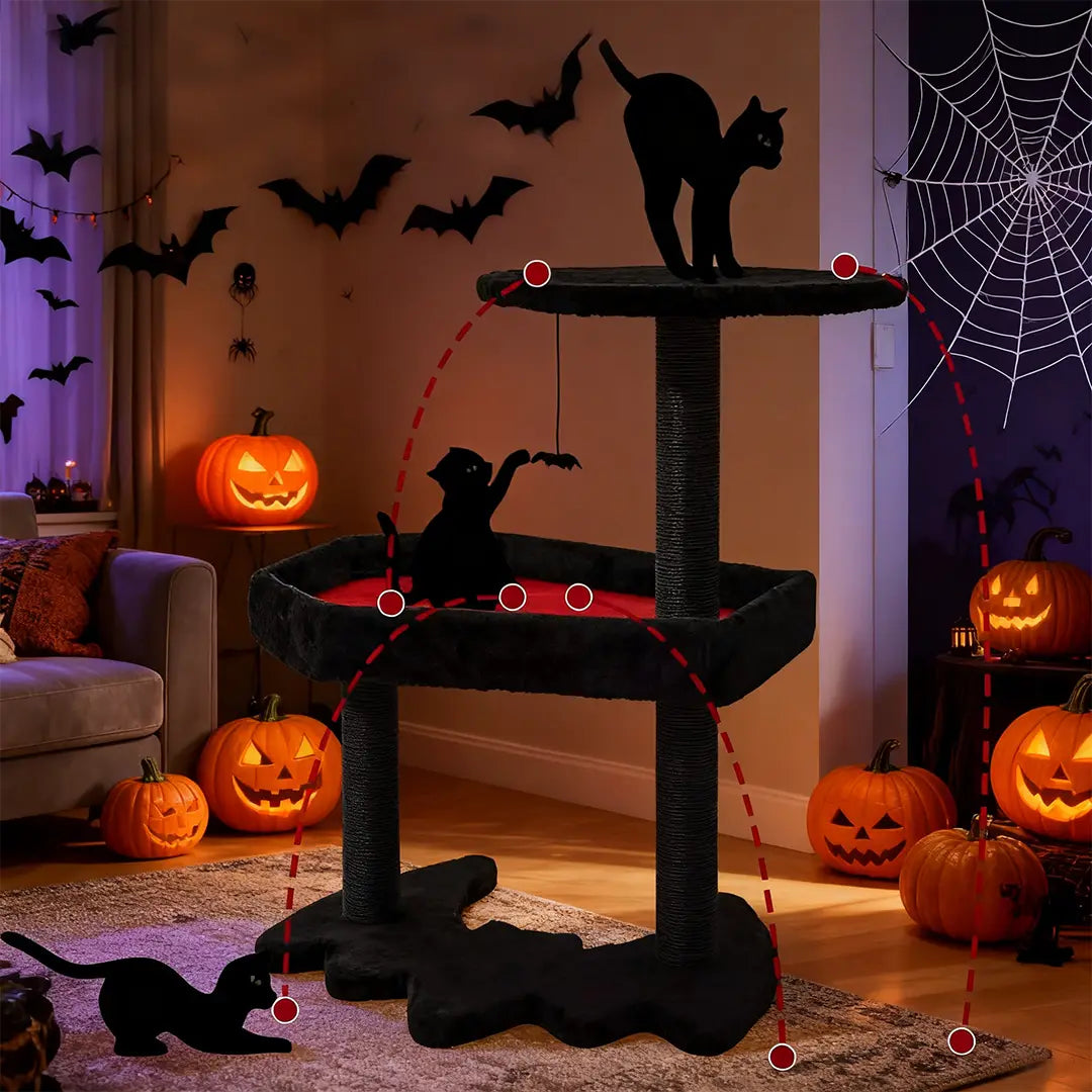 Gothic Halloween Cat Tree with Bat & Spider Web Platforms