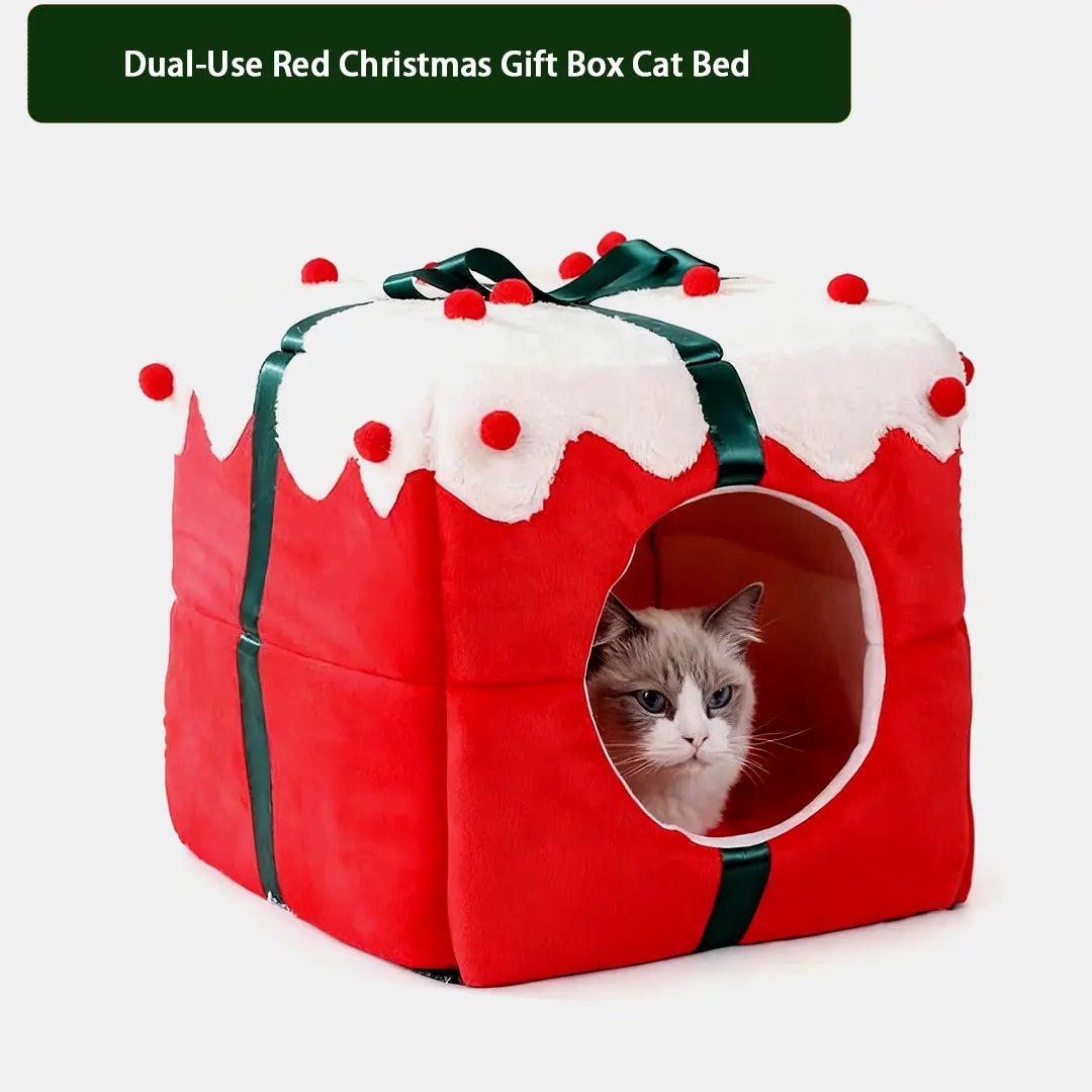 Pawsmas Dual-Use Red Christmas Gift Box Cat Bed
