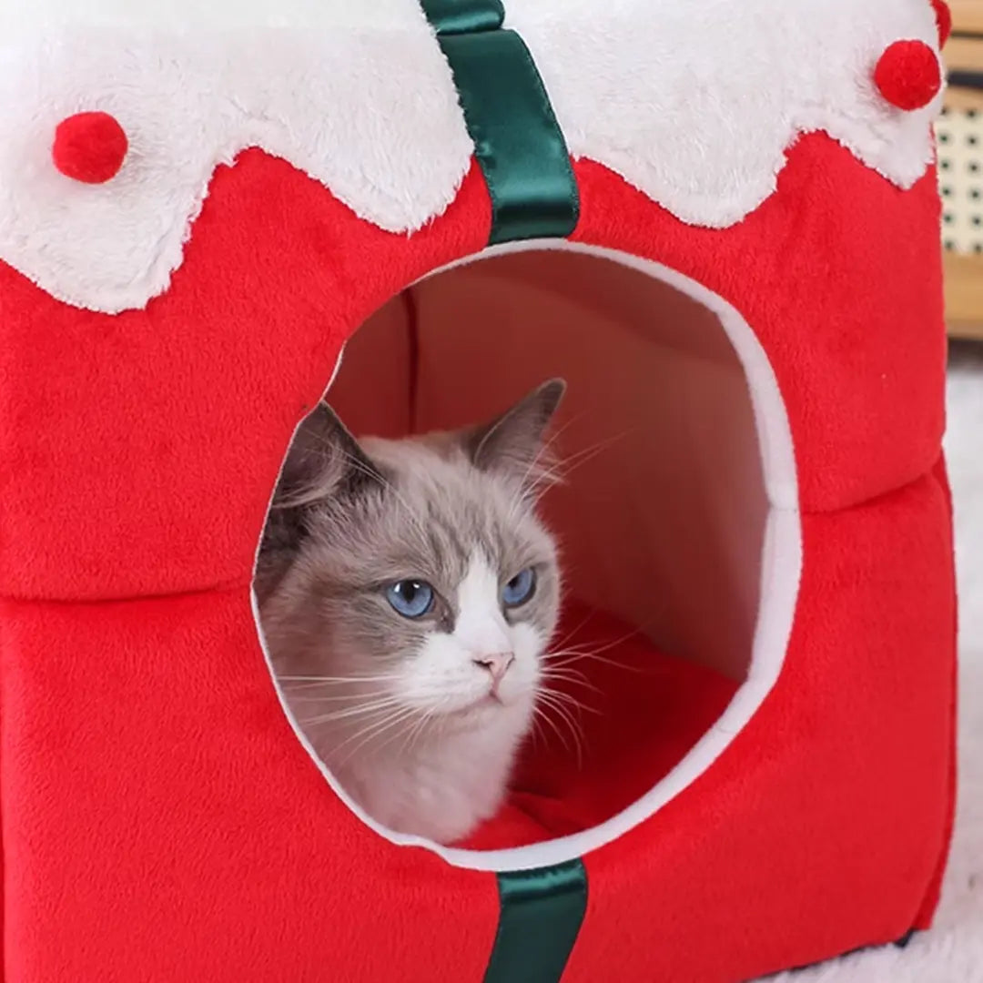 Pawsmas Dual-Use Red Christmas Gift Box Cat Bed