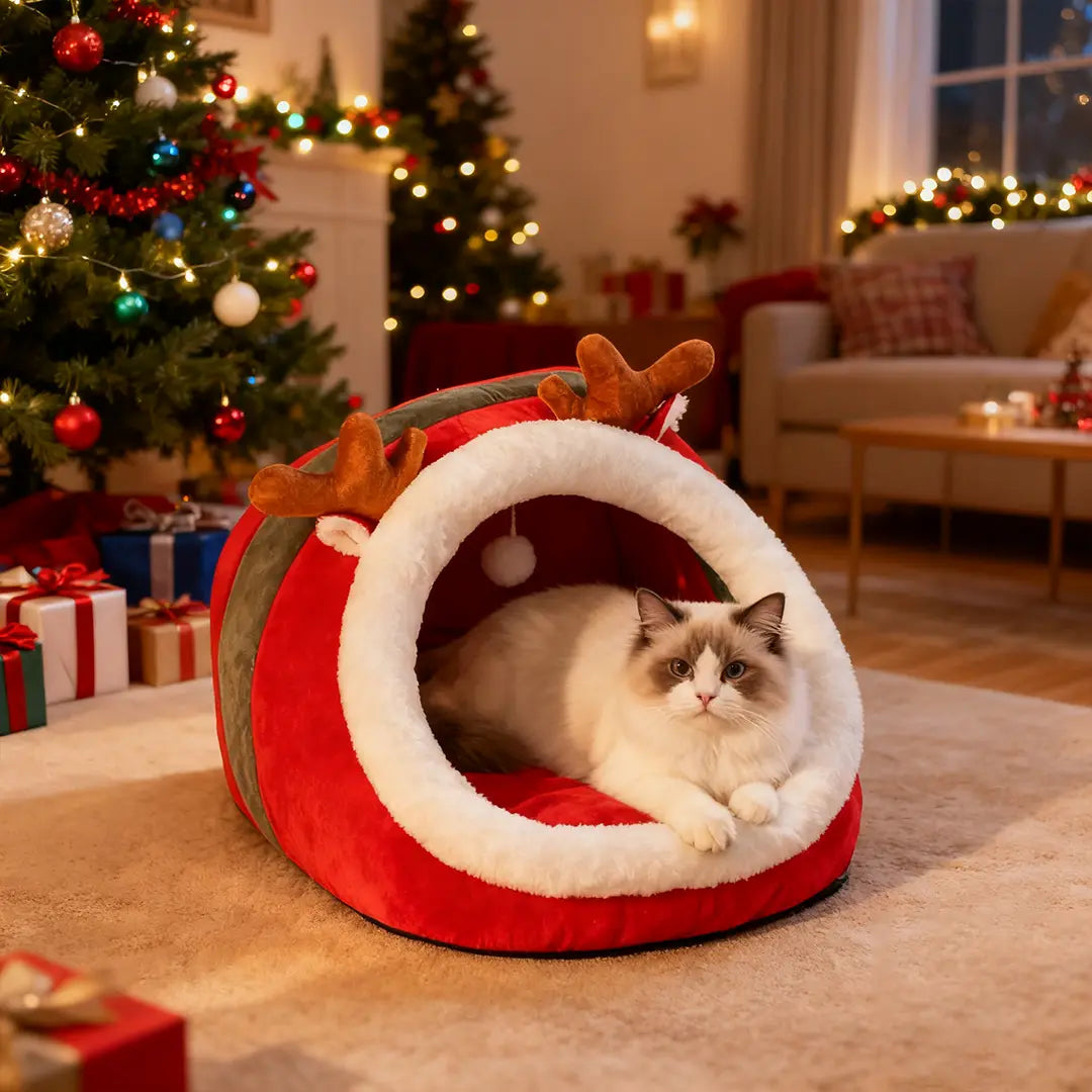 Pawsmas Reindeer Cave Cat Bed