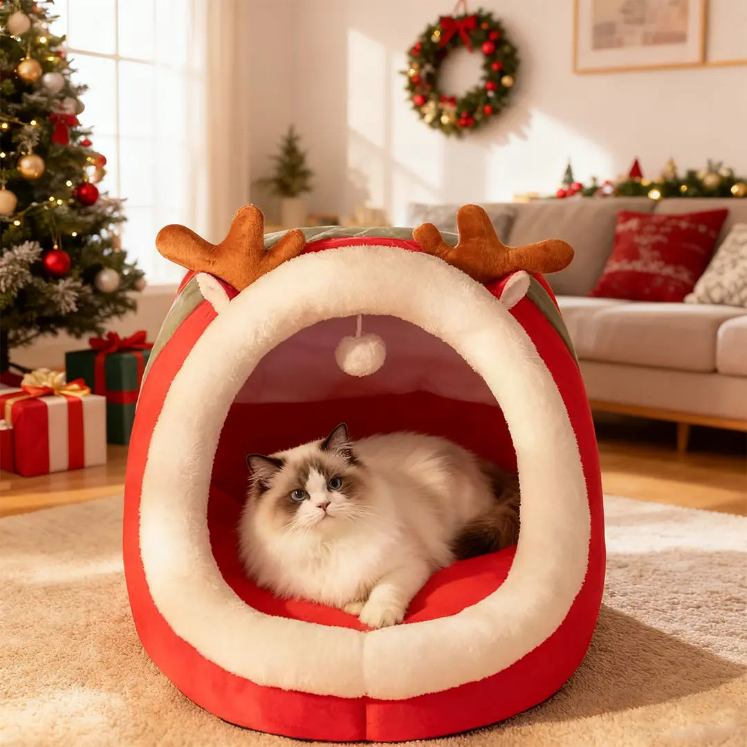 Pawsmas Reindeer Cave Cat Bed