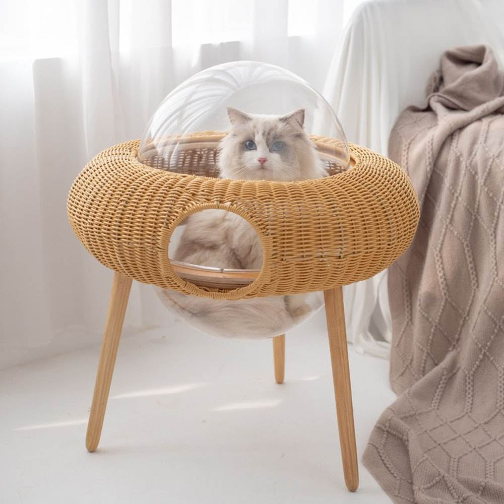 Transparent Space Capsule Flying Saucer Straw Cat Hanging Basket Hand-woven Rattan Cat Bed