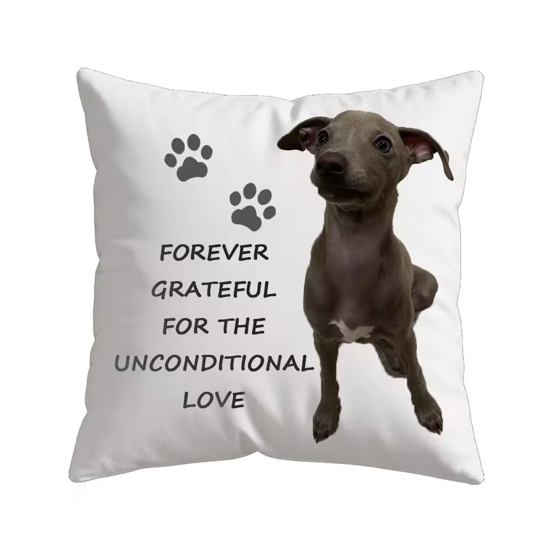 Print the dog's image on a square pillow and add a sentence "forever grateful for the unconditional love". The pet photo and text can be customized