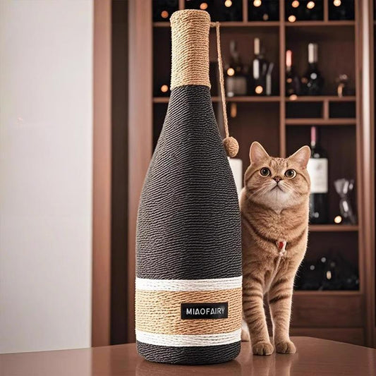 Haustierfamilie Katzenkratzbaum in Form einer Rotweinflasche