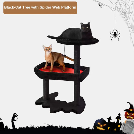 Gothic Halloween Cat Tree with Bat & Spider Web Platforms