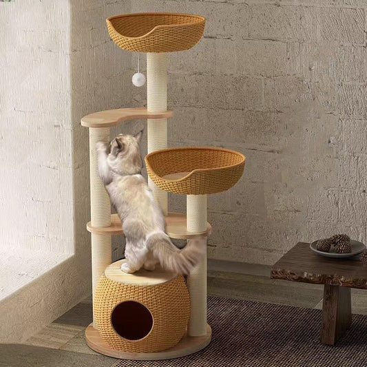 Rattan Cat Bed Cat Tree Tower for Indoor Cats