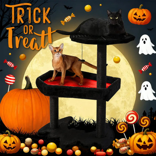 Gothic Halloween Cat Tree with Bat & Spider Web Platforms