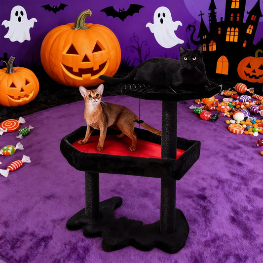 Gothic Halloween Cat Tree with Bat & Spider Web Platforms