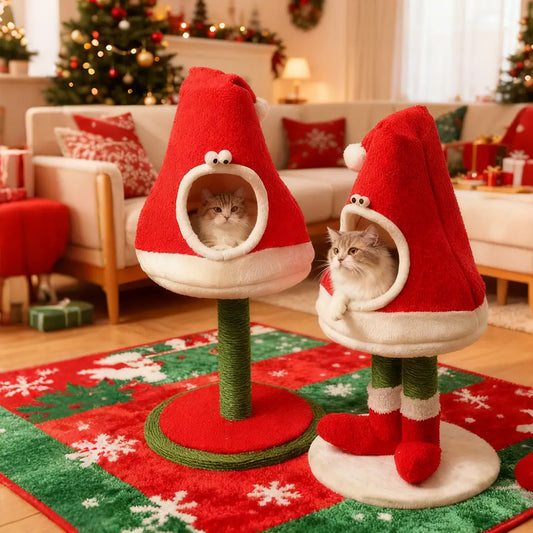 Pawsmas Detachable Santa Hat Cat Bed & Scratching Post Set