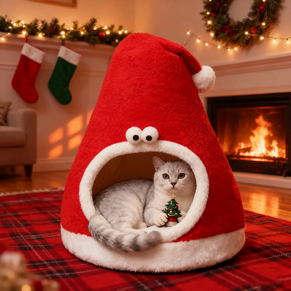 Pawsmas Detachable Santa Hat Cat Bed & Scratching Post Set