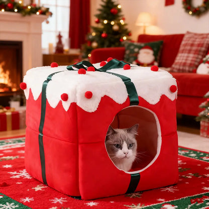Pawsmas Dual-Use Red Christmas Gift Box Cat Bed