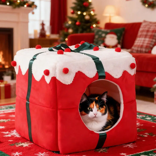 Pawsmas Dual-Use Red Christmas Gift Box Cat Bed