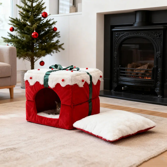 Pawsmas Dual-Use Red Christmas Gift Box Cat Bed