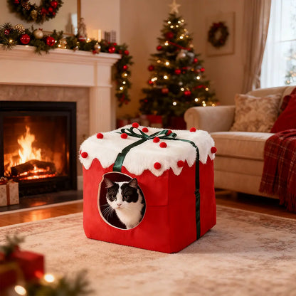 Pawsmas Dual-Use Red Christmas Gift Box Cat Bed