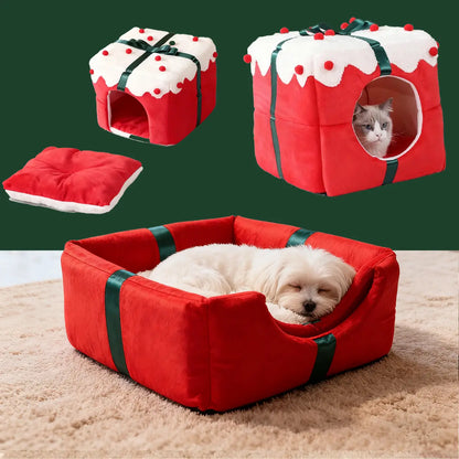 Pawsmas Dual-Use Red Christmas Gift Box Cat Bed