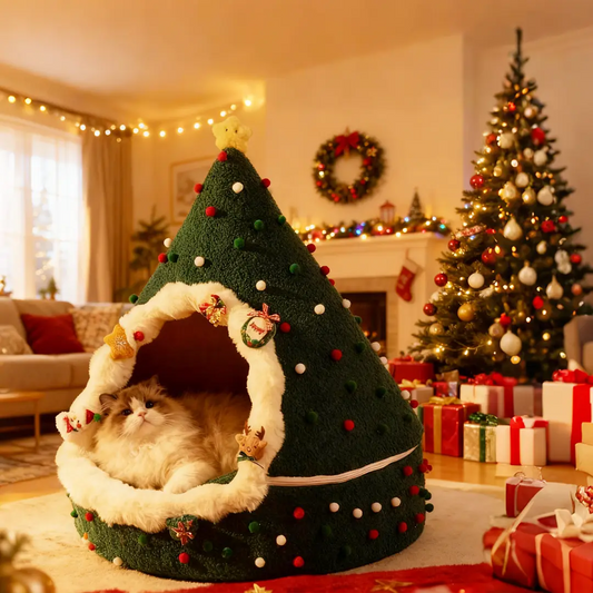 Pawsmas Fluffy Christmas Tree Cat Bed