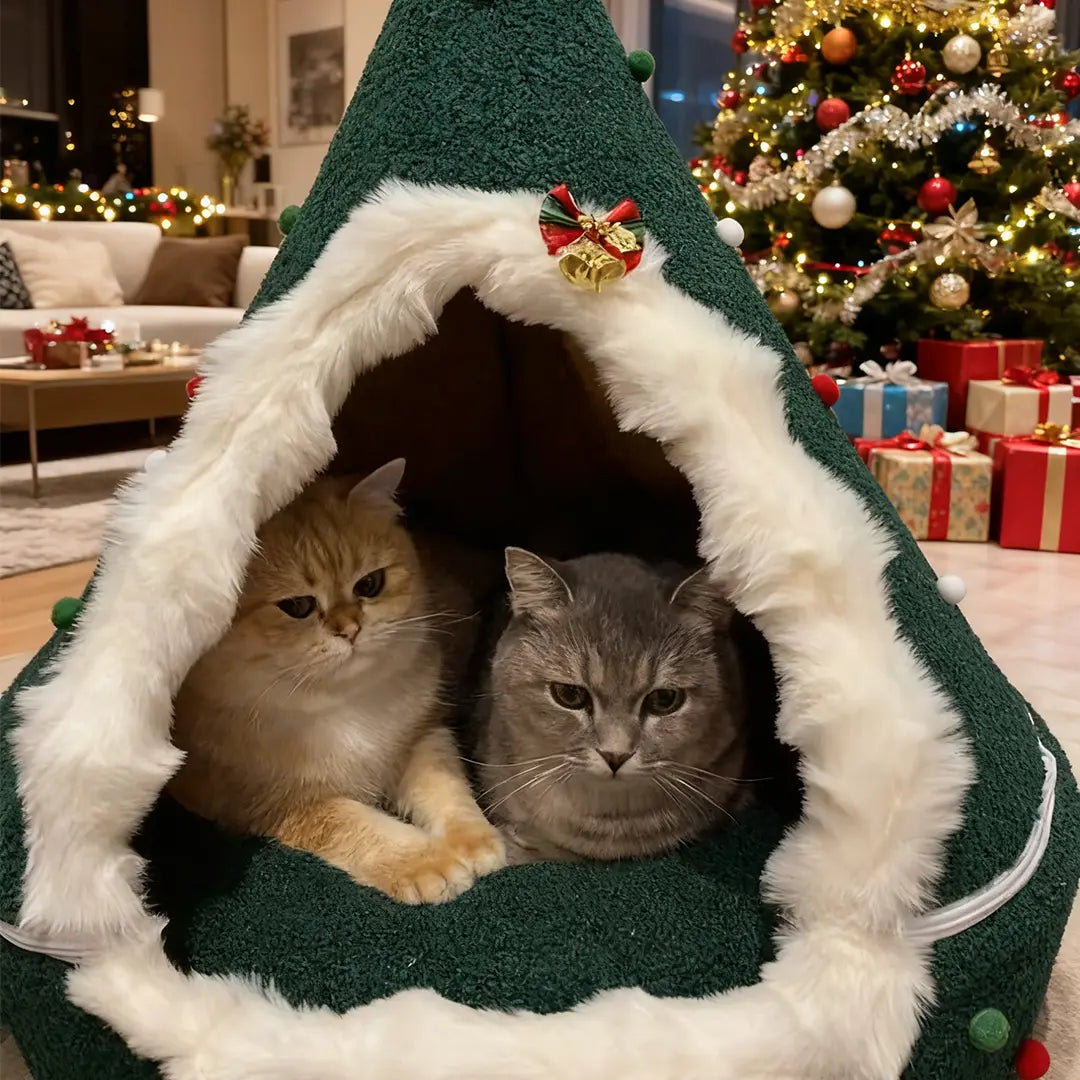 Pawsmas Fluffy Christmas Tree Cat Bed