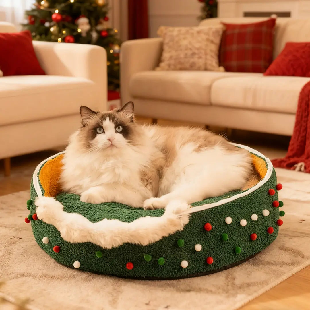 Pawsmas Fluffy Christmas Tree Cat Bed