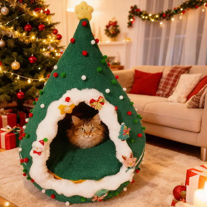 Pawsmas Fluffy Christmas Tree Cat Bed