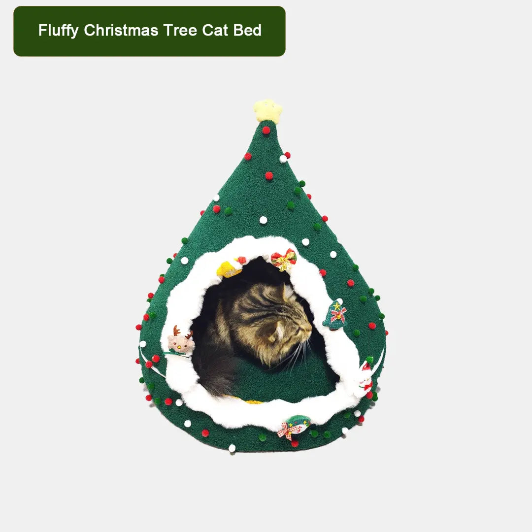 Pawsmas Fluffy Christmas Tree Cat Bed