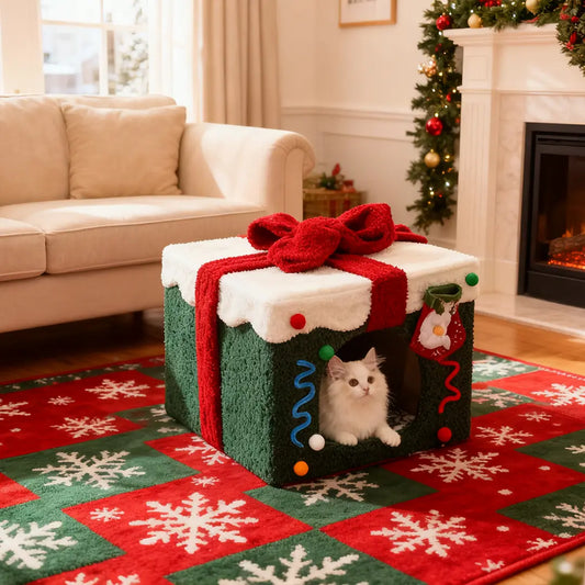 Pawsmas Green Christmas Gift Box Cat Bed