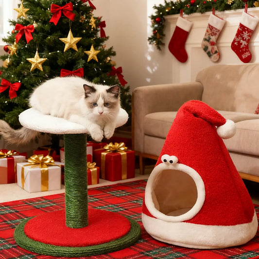 Pawsmas Detachable Santa Hat Cat Bed & Scratching Post Set