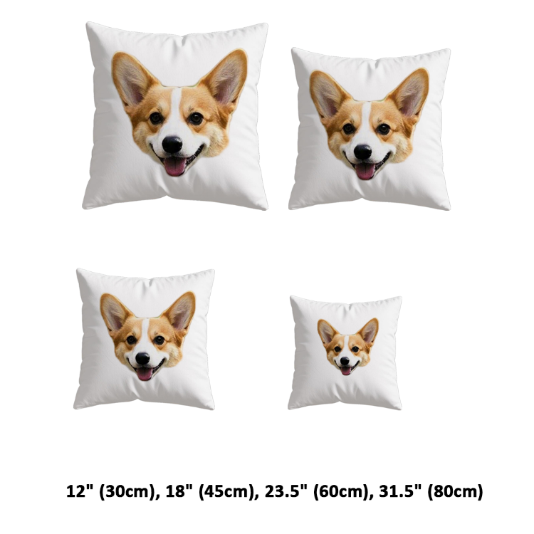 Four pillow sizes are shown: 30cm, 45cm, 60cm, 80cm