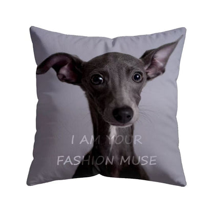 Print the dog's head on a square pillow and add a sentence "I am your fashion muse". The pet photo and text can be customized
