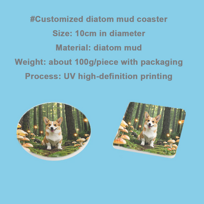 #Customized diatom mud coaster
Size:10cm in diameter
Material:diatom mud
Weight: about 10og/piece with packaging
Process: UV high-definition printing